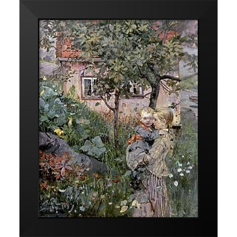 Two Sisters in a Garden Black Modern Wood Framed Art Print by Petersen, Eilif
