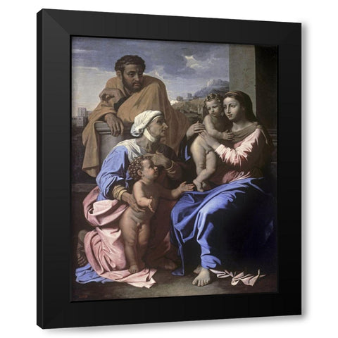 The Holy Family with John the Baptist and St. Elizabeth Black Modern Wood Framed Art Print with Double Matting by Poussin, Nicolas