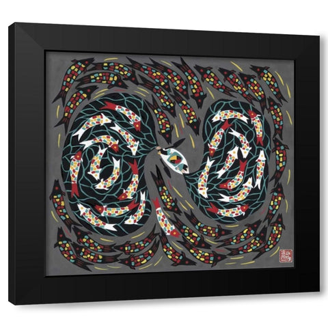 Harvesting Fish Black Modern Wood Framed Art Print with Double Matting by Rong, Zhang Shu
