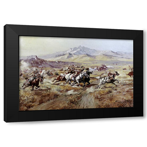 Stagecoach Attack Black Modern Wood Framed Art Print by Russell, Charles M.