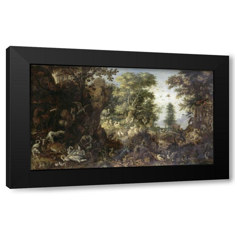 The Garden of Eden with Eve Tempting Adam Black Modern Wood Framed Art Print by Savery, Roelandt
