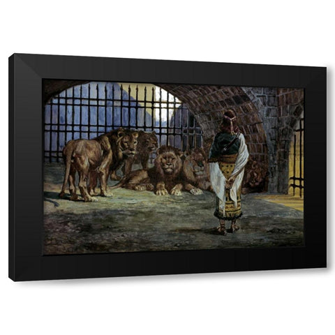 Daniel in the Lions Den Black Modern Wood Framed Art Print by Tissot, James Jacques