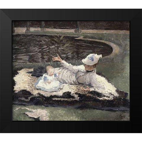 Mrs. Newton with a Child by a Pool Black Modern Wood Framed Art Print by Tissot, James