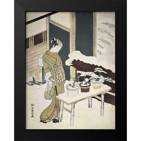 Woman Outside in Winter Black Modern Wood Framed Art Print by Unknown