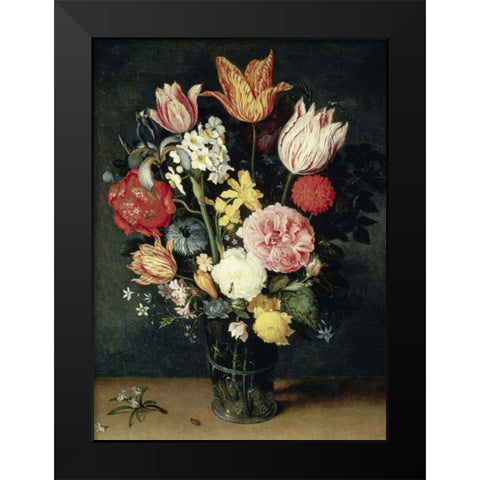Tulips, Roses and other Flowers in a Glass Black Modern Wood Framed Art Print by Van der Ast, Balthasar