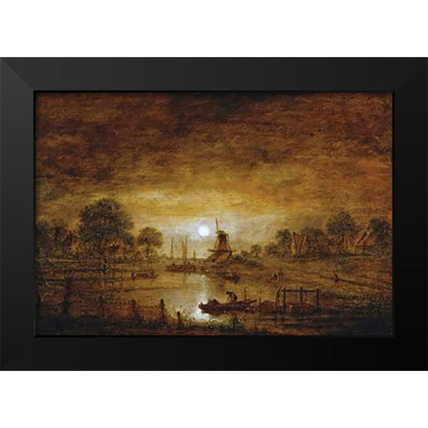 Title Unknown (Boats at Sunset with Windmill) Black Modern Wood Framed Art Print by Van Der Neer, Aert