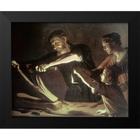 Holy Family in the Carpentry Shop Black Modern Wood Framed Art Print by Van Honthorst, Gerrit