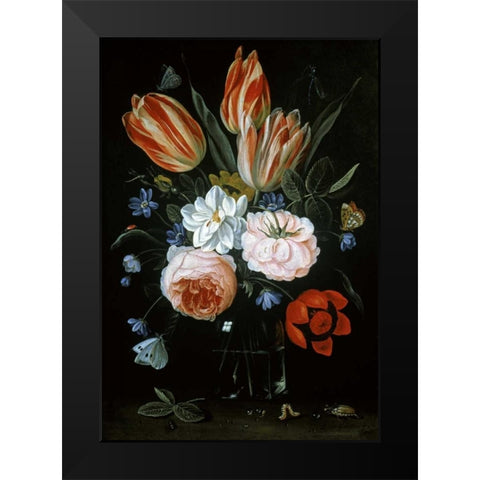 Tulips and Roses In A Glass Vase Black Modern Wood Framed Art Print by Van Kessel, Jan