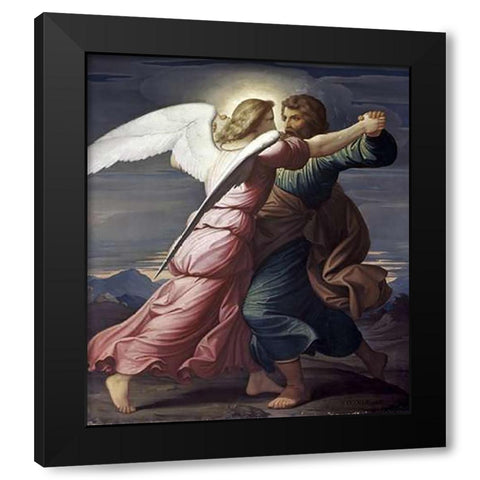 Jacob Wrestles with an Angel Black Modern Wood Framed Art Print by Steinle, Edward Jakob