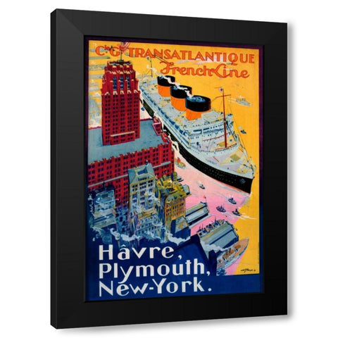 Transatlantique-French Line / Paris-Havre-New York Black Modern Wood Framed Art Print by Sebille, Albert