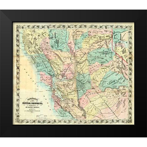New Map of Central California, 1871 Black Modern Wood Framed Art Print by Bancroft, A.L.