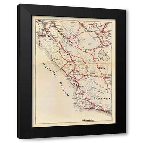California - San Benito, Fresno, Monterey, San Luis Obispo, Kings, Kern, and Santa Barbara Counties, Black Modern Wood Framed Art Print by Blum, George W.