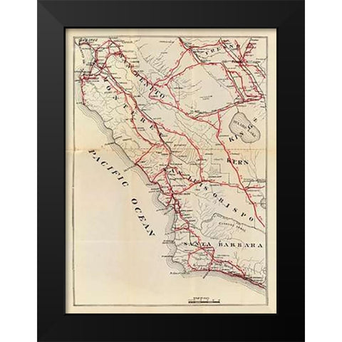 California - San Benito, Fresno, Monterey, San Luis Obispo, Kings, Kern, and Santa Barbara Counties, Black Modern Wood Framed Art Print by Blum, George W.
