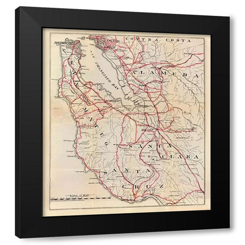 California - San Mateo, Santa Cruz, Santa Clara, Alameda, and Contra Costa Counties, 1896 Black Modern Wood Framed Art Print by Blum, George W.