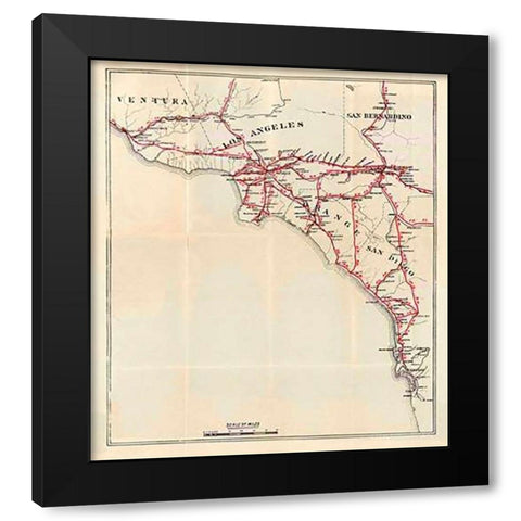 California - Ventura, Los Angeles, San Bernardino, Orange, and San Diego Counties, 1896 Black Modern Wood Framed Art Print by Blum, George W.
