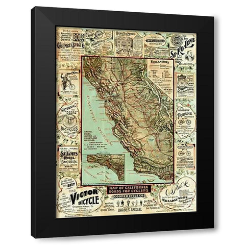 Map of California Roads for Cyclers, 1896 Black Modern Wood Framed Art Print by Blum, George W.