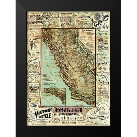 Map of California Roads for Cyclers, 1896 Black Modern Wood Framed Art Print by Blum, George W.