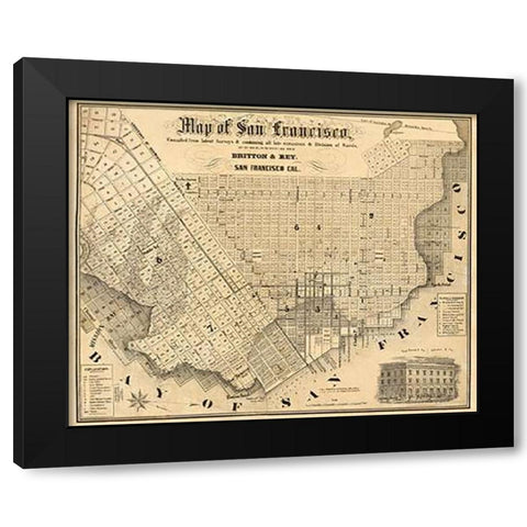 Map of San Francisco, 1852 Black Modern Wood Framed Art Print with Double Matting by Rey, Britton and