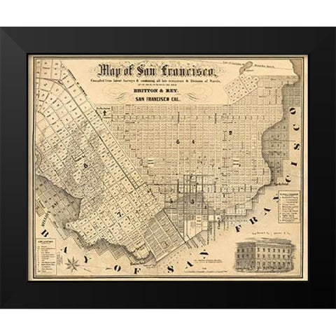 Map of San Francisco, 1852 Black Modern Wood Framed Art Print by Rey, Britton and