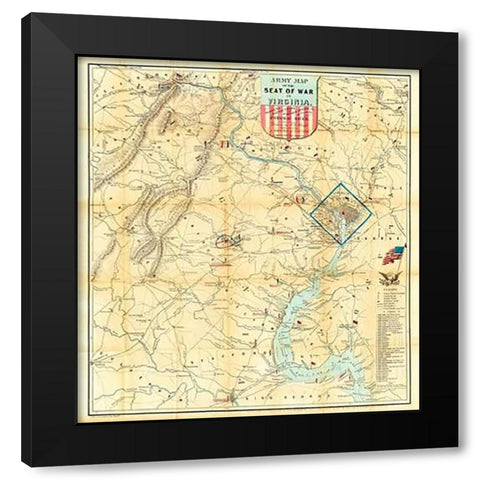 Army Map of The Seat of War In Virginia, 1862 Black Modern Wood Framed Art Print by Bruff, J. Goldsborough