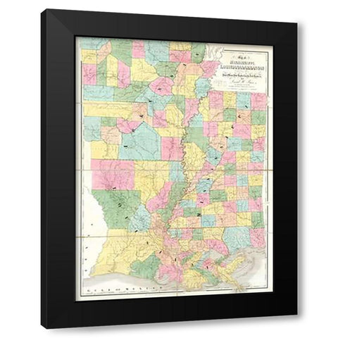 Map of Mississippi, Louisiana and Arkansas, 1839 Black Modern Wood Framed Art Print by Burr, David