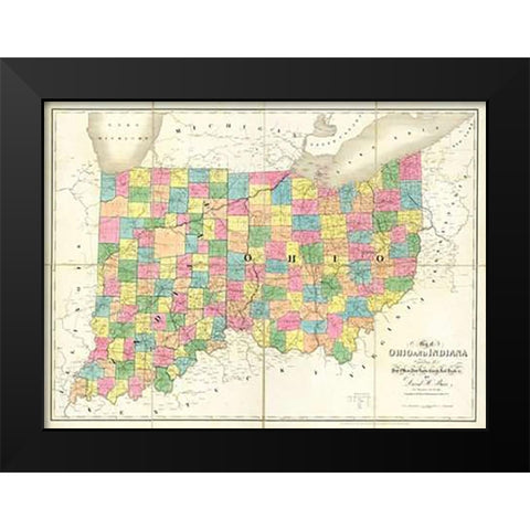 Map of Ohio and Indiana, 1839 Black Modern Wood Framed Art Print by Burr, David