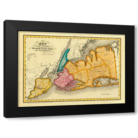 New York, Queens, Kings, Richmond counties, 1829 Black Modern Wood Framed Art Print with Double Matting by Burr, David