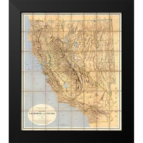 Map of California and Nevada, 1874 Black Modern Wood Framed Art Print by California Geological Survey