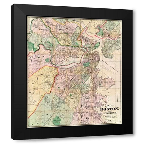 Map of The City of Boston and its Environs, 1874 Black Modern Wood Framed Art Print with Double Matting by Hopkins, G.M