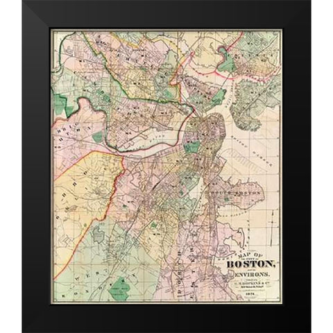 Map of The City of Boston and its Environs, 1874 Black Modern Wood Framed Art Print by Hopkins, G.M
