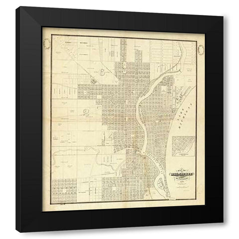 Map of Milwaukee, 1856 Black Modern Wood Framed Art Print with Double Matting by Lapham, I.A