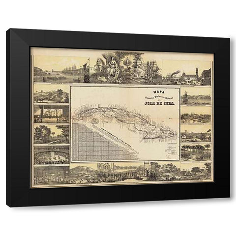 Mapa Historico Pintoresca Moderno de al Isla De Cuba, 1853 Black Modern Wood Framed Art Print with Double Matting by May, B. y Ca.