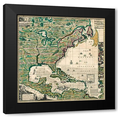 America Septentrionalis A Map of the British Empire in America, 1733 Black Modern Wood Framed Art Print by Popple, Henry