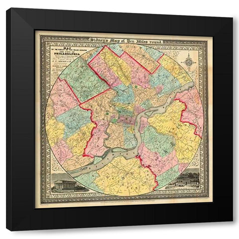 The City of Philadelphia, 1847 Black Modern Wood Framed Art Print with Double Matting by Sidney, J.C
