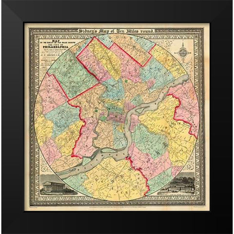 The City of Philadelphia, 1847 Black Modern Wood Framed Art Print by Sidney, J.C