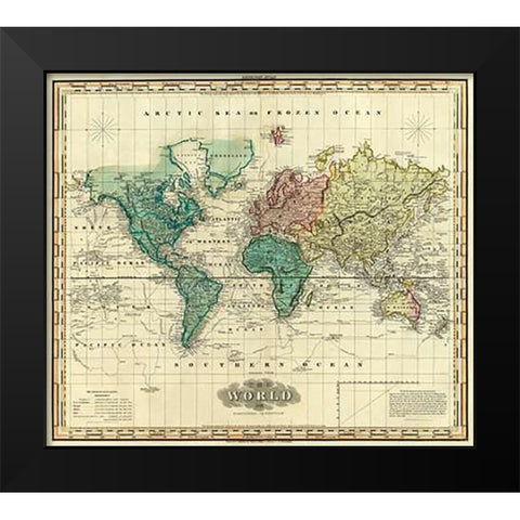 World on Mercators Projection, 1823 Black Modern Wood Framed Art Print by Tanner, Henry