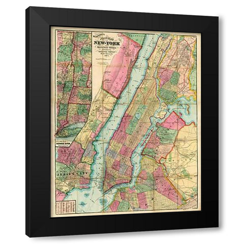 Map of New York and Adjacent Cities, 1874 Black Modern Wood Framed Art Print with Double Matting by Watson, Gaylord