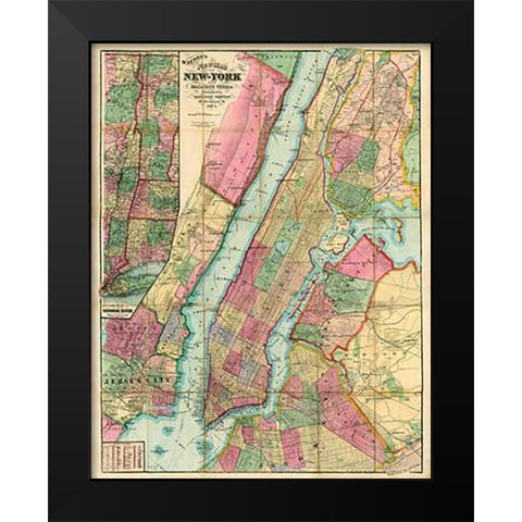 Map of New York and Adjacent Cities, 1874 Black Modern Wood Framed Art Print by Watson, Gaylord