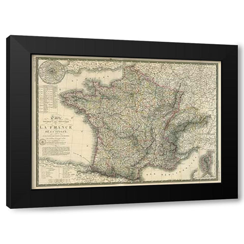 Carte physique et routiere de la France, de la Suisse, 1827 Black Modern Wood Framed Art Print with Double Matting by Brue, Adrien Hubert