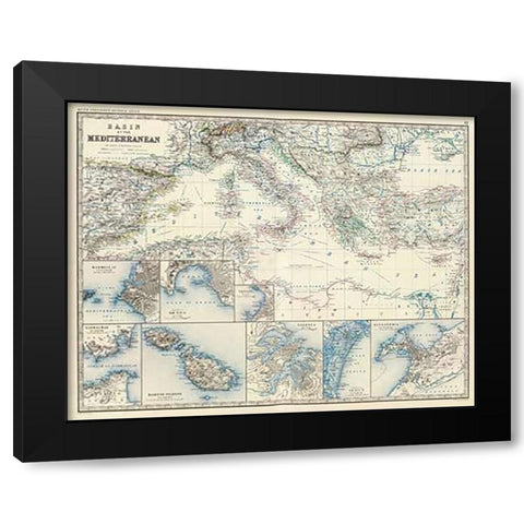 Mediterranean Basin, 1861 Black Modern Wood Framed Art Print by Johnston, Alexander Keith