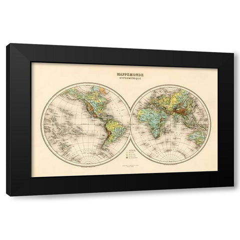 Mappe Monde, Hypsometrique, 1892 Black Modern Wood Framed Art Print by Migeon, J.