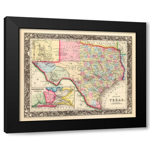 County Map Of Texas, 1860 Black Modern Wood Framed Art Print with Double Matting by Mitchell, Samuel Augustus