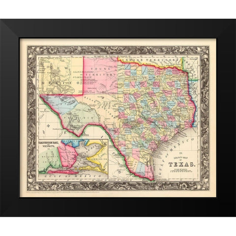 County Map Of Texas, 1860 Black Modern Wood Framed Art Print by Mitchell, Samuel Augustus