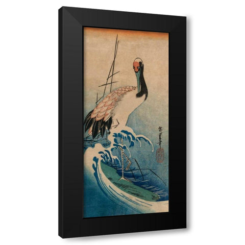 Crane in Waves, 1833 Black Modern Wood Framed Art Print by Hiroshige, Ando