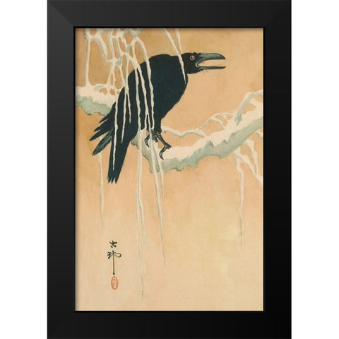 Blackbird in snow, 1885 Black Modern Wood Framed Art Print by Ikeda, Koson