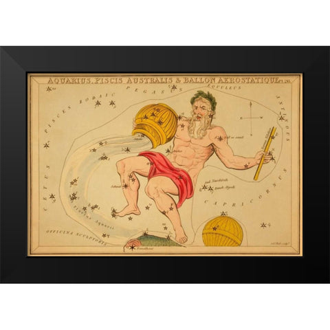 Aquarius, Piscis Australis and Ballon Aerostatique, 1825 Black Modern Wood Framed Art Print by Aspin, Jehoshaphat