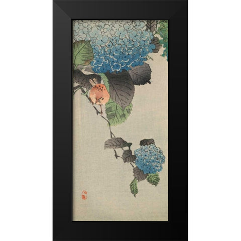 Small bird and hydrangea Black Modern Wood Framed Art Print by Unknown