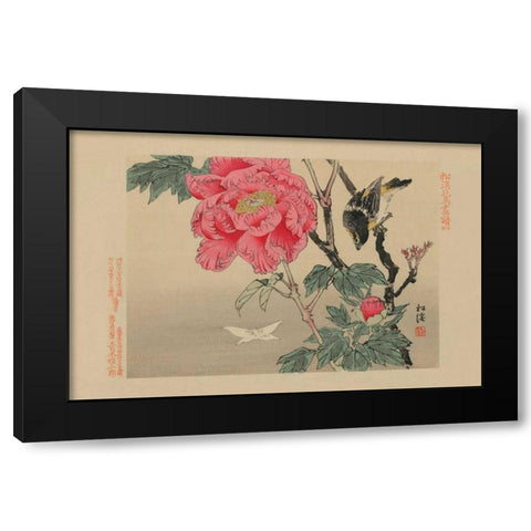 Bird watching a Butterfly Black Modern Wood Framed Art Print by Unknown