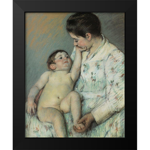 Babys First Caress 1891 Black Modern Wood Framed Art Print by Cassatt, Mary