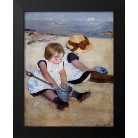 Children Playing On The Beach 1884 Black Modern Wood Framed Art Print by Cassatt, Mary